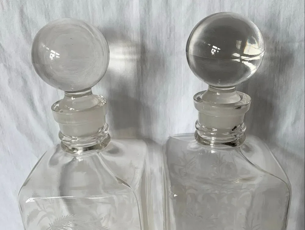 2 Vintage Etched Glass Decanters Thistle Rye Bourbon Bar BOTTLES STOPPERS SET